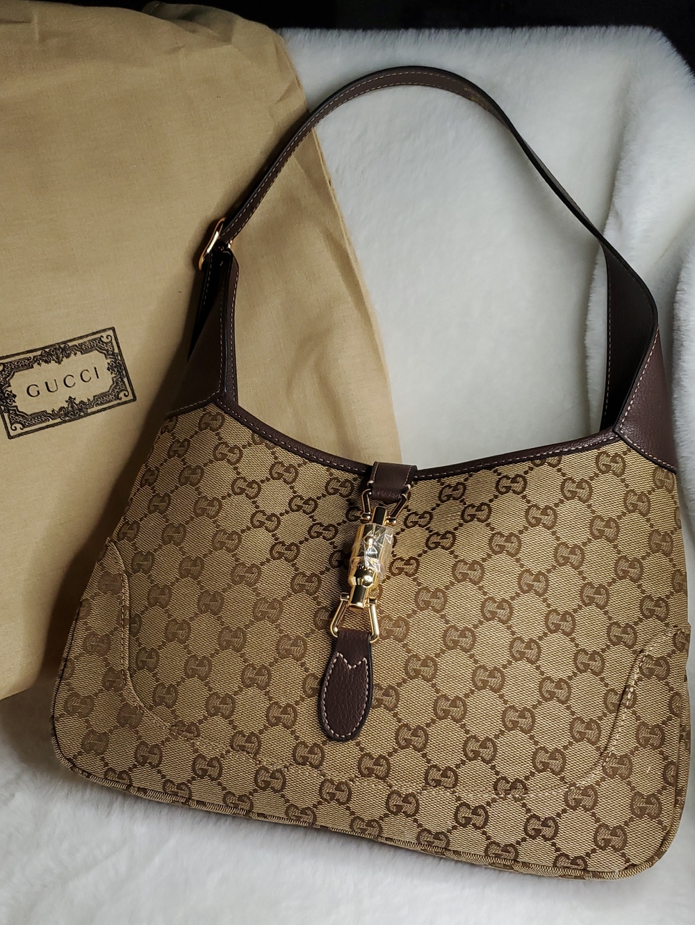 Beige & Brown GG Canvas Shoulder Bag with Gold Hardware
